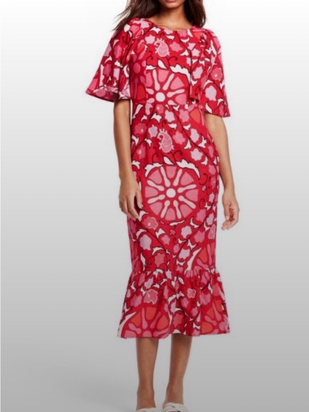 RHODE Red and Pink Floral Boho Midi Linen-Blend Dress Ruffle Hem Bell Sleeve sz4